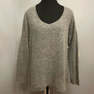 GAP Wool Blend Long Gray Sweater With Tan Elbow Patches, size L